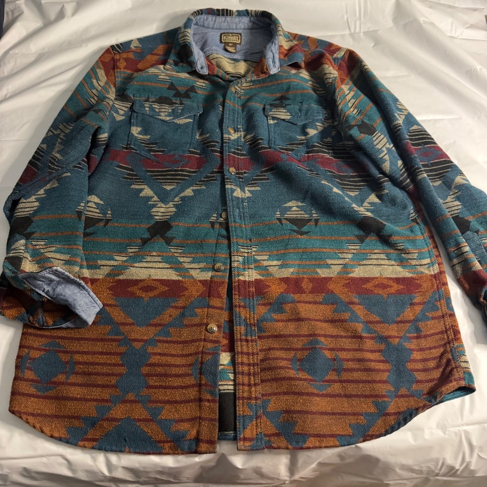 C.E. Schmidt Mens Aztec Southwestern Wool Blend Workwear Shirt XLT Teal Rust